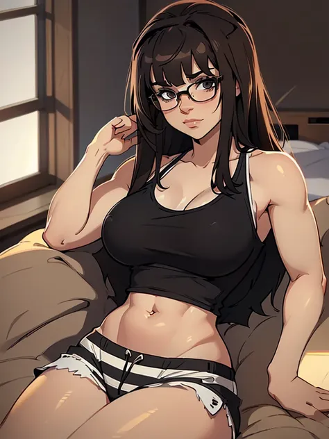 Woman, fit body, thick breast, straight neat brown hair with bangs, round glasses, tight white striped tank top bra, black pajama shorts, lounging pose, soft smile, blushing