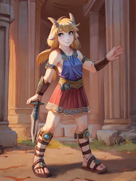 1girl, furry, furry_female, goat_ears, goat_girl, smile, solo, wearing  armor, gladiator flat sandals, gladiator skirt, humanoid feet, holding sword, nosebleed,bloody nose