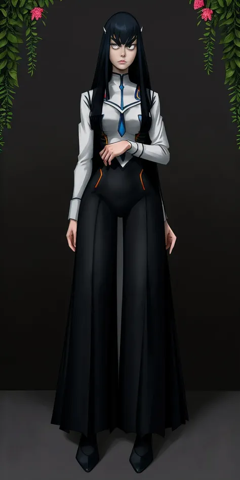 female Satsuki Kiryuin, Satsuki Kiryuin from Kill-la-Kill, mesh stockings, full height, bottom view, best quality, very detailed, ultra 8k resolution,portrait, full body, victorias clothing, long dress, knight, pants, black skin suit, plants, vest, polo sh...