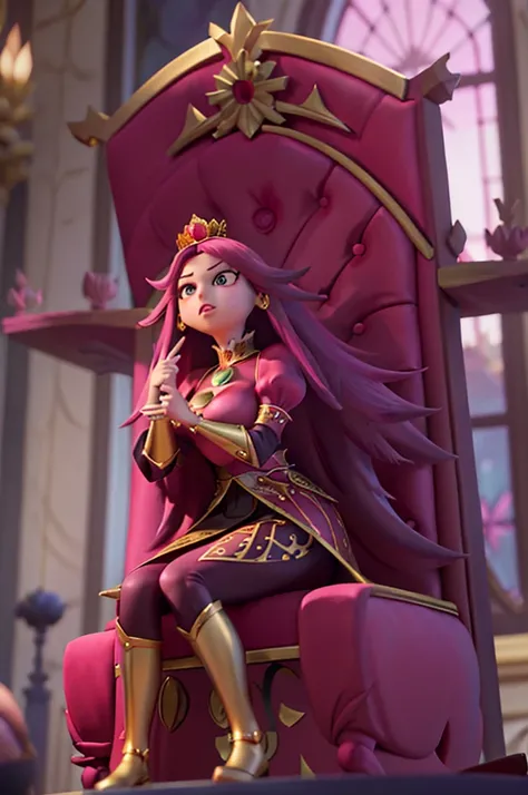 "Illustrate Stella seated on a grand throne, exuding power and authority. The background should be opulent and fitting for royalty, with details that emphasize her commanding presence."