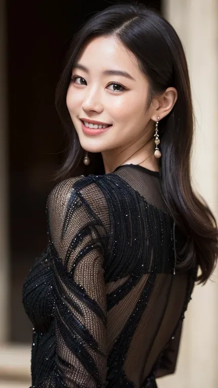 （（Surreal、Super detailed image, maybe a photo.，Captures the details of the skin texture of an incredibly beautiful woman.））Wearing a Lucid Dream dress，long black hair。Close portrait, looking back, smiling.