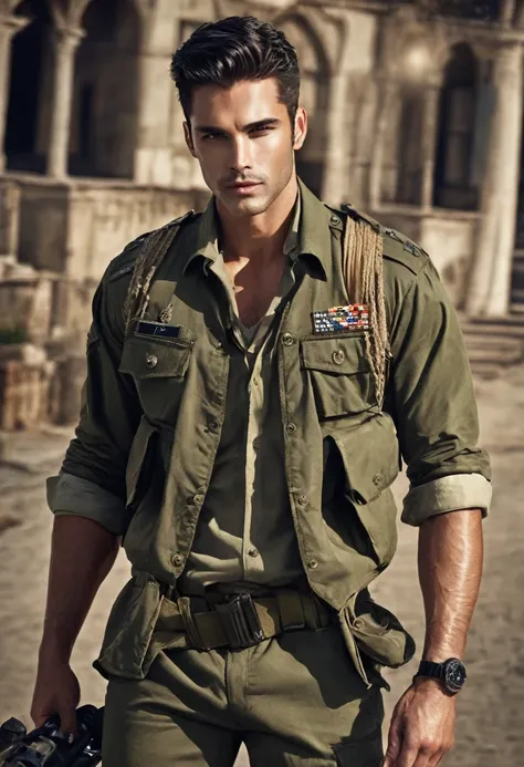 Create a very handsome and military dark romance man with an attractive look, don&#39;t add a beard 