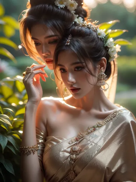 From a close-up angle, a woman in an Indian sari is seen in a tantalizing pose under the embracing dusk, within a verdant garden. Her allure is understated yet undeniable. The soft warm lighting complements her mystique. (Close-up angle: 1.4), (tantalizing...