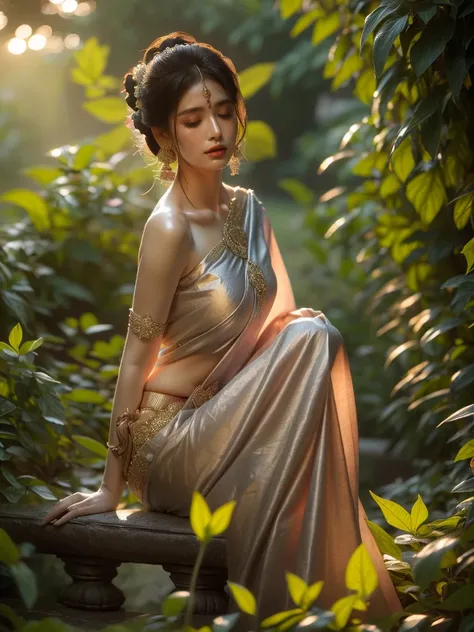 Shot from a lower angle, a woman, dressed in an Indian sari, displays an enchanting pose in a lush garden as twilight sets in. The lighting is soft and soothing, emanating a sense of calm and serenity. Her demeanor holds a certain elusive charm. (Lower ang...