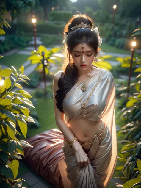 a woman is seen from a unique aerial perspective in a lush garden at dusk, where her pose is enticing and evocative. the indian ...