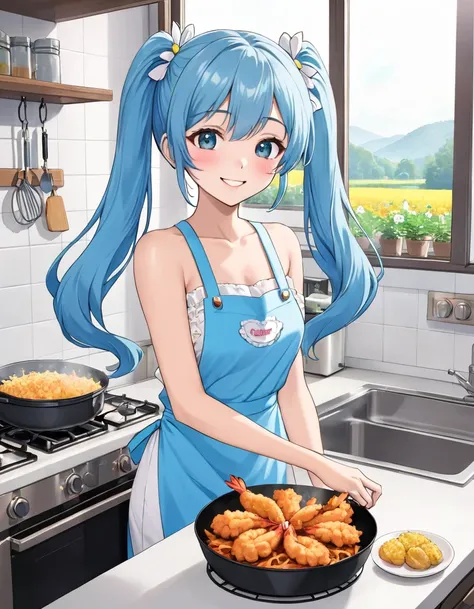 Light blue long hair、Beautiful girl with twin tails、Bright kitchen、Outside the window you can see a flower field、They are having fun frying fried chicken and fried shrimp in the fryer.、Bright smile、