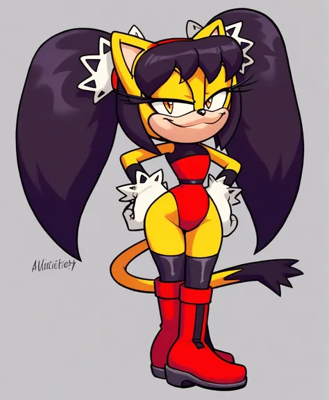 score_9, score_8_up, 2D, flat color, a plain white background with nothing in it, looking at viewer, 1girl, very detailed, extremely detailed, honey the cat from the sonic the hedgehog series, standing, full body, wide hips, narrow waist, curvy, frilly hai...