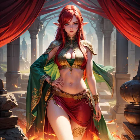 a girl, 1girl, elf, redhead long hair, breasts, long pointed ears, bright green eyes!!!, serious face, sexy red crop top!!, deep neckline, sexy red skirt!!, fire magic, full body, full body, tent, very sexy body, detailed face, beautiful detailed eyes, bea...