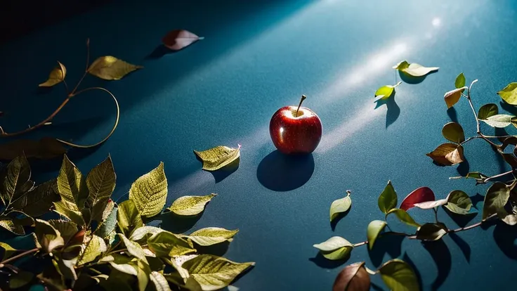 Create a micro photography image of an Glossy shiny vibrant apple with a glossy, reflective surface. The apple should have ornate gold and azure embellishments forming a crescent on one side, with intricate designs featuring small red gemstones and golden ...