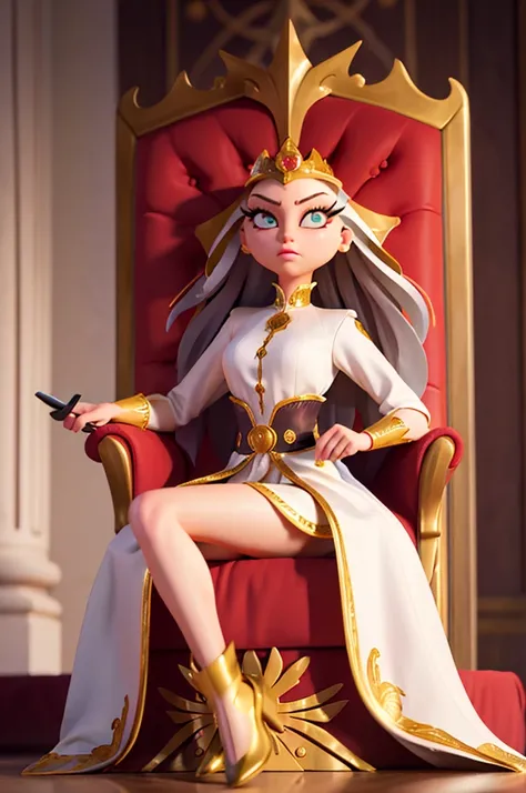 "Illustrate Stella seated on a grand throne, exuding power and authority. The background should be opulent and fitting for royalty, with details that emphasize her commanding presence."