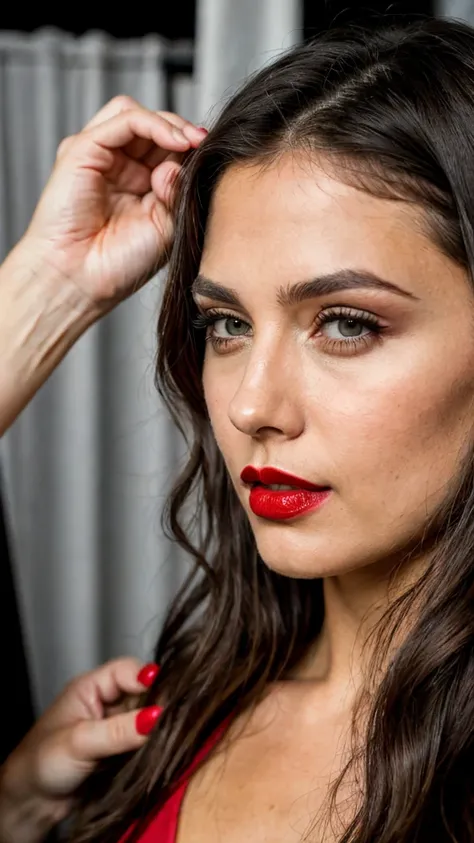 Photoshoot of a woman, Backstage at a show, long dark brown hair, black eyes, red lipstick, ultra realistic