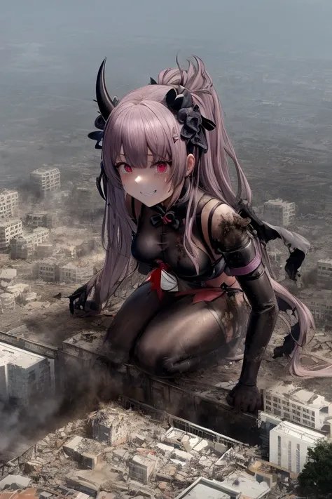 attack of titaness、full body、high quality、great picture、Rem、Re:Zero、hell girl、huge demolition、giant demon、giant devil girl、scary powerful giant girl、huge impact、destroyed city and giantess、small buildings、city destroyed by giantess、small buildings on the g...