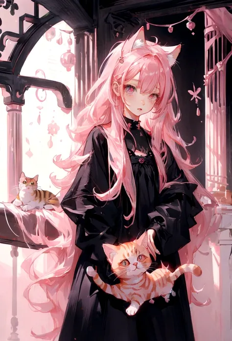 Cat with pink hair, point under right eye, long hair, black clothes