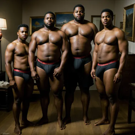 a beautiful Fat blacks father and sons wearing tight underwear with erections, extremely detailed, hyper realistic, highly detailed, 4k, 8k, photorealistic, masterpiece, cinematic lighting, intricate details, vivid colors, dramatic lighting, chiaroscuro, o...