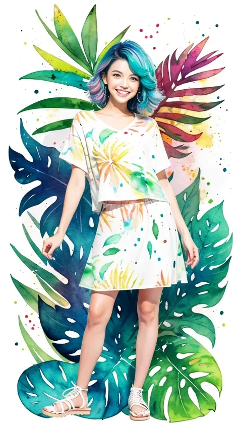 a tropical painting with a splatter background and spray paint effect, mangoes and leaves design t-shirt and white skirt, woman upper body centered, multi-color hair, big happy smile, watercolor art,  watercolor painting, watercolor painting style, waterco...