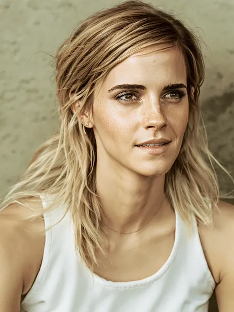 high quality  sexy photography of Emma Watson, long white blonde messi hair, happy, laughing, eyes open, perfect eyes, vintage style, highly detailed, very detailed skin texture,  (looking at viewer:1.4), full body,
  