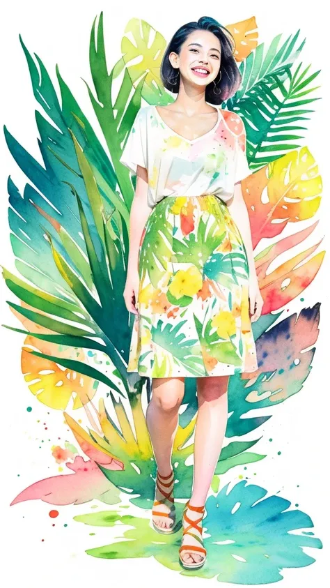 a tropical painting with a splatter background and spray paint effect, mangoes and leaves design t-shirt and white skirt, woman upper body centered, multi-color hair, big happy smile, watercolor art,  watercolor painting, watercolor painting style, waterco...