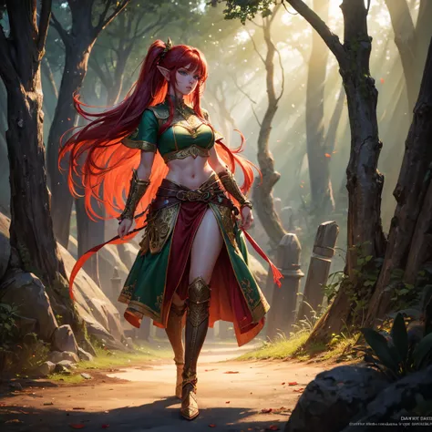 a girl, 1girl, elf, redhead long hair, breasts, long pointed ears, bright green eyes!!!, serious face, sexy red crop top!!, deep neckline, sexy red skirt!!, fire magic, full body, full body, tent, very sexy body, detailed face, beautiful detailed eyes, bea...