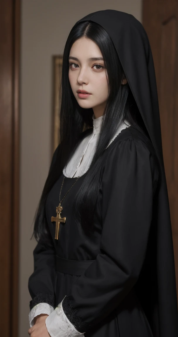 Santa vincenza Gerosa, (Black hair), Straight hair, dark clothes, nuns outfit, long face, big hair, Straight hair, (photorealistic:1.2), (Artwork), best quality, (detailed face:1.4), CRU photo, 8K ultra-realistic, perfect artwork