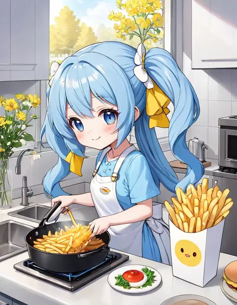 Light blue long hair、Twin-tailed Chibi Character、Bright kitchen、Outside the window you can see a flower field、People are having fun frying fries in a fryer、Bright smile、Chibi Chara&#39;s first cooking