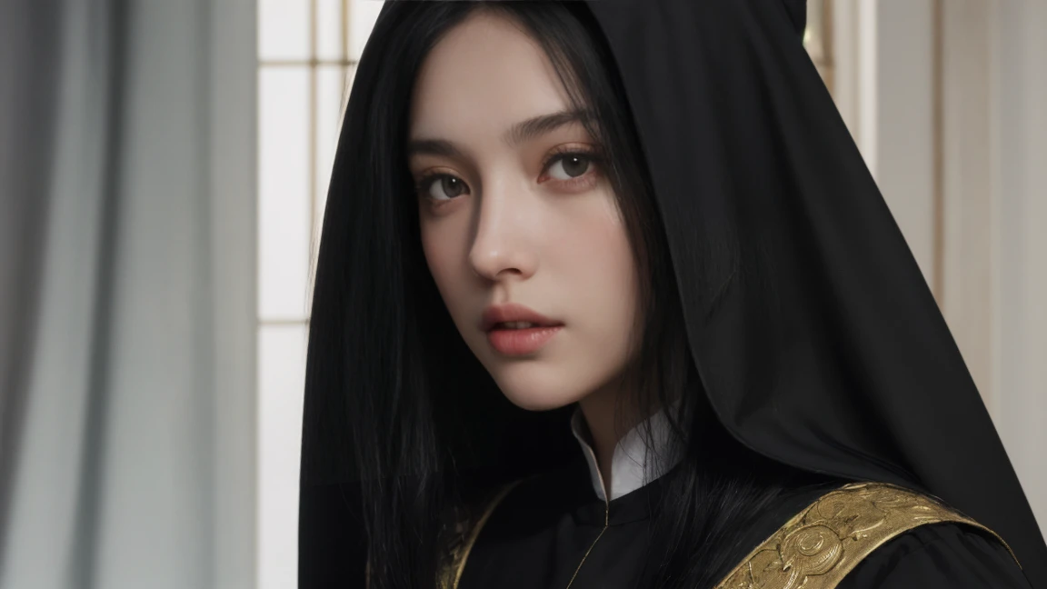 Santa vincenza Gerosa, (Black hair), Straight hair, dark clothes, nuns outfit, long face, big hair, Straight hair, (photorealistic:1.2), (Artwork), best quality, (detailed face:1.4), CRU photo, 8K ultra-realistic, perfect artwork