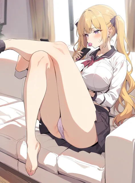 {{View from the side}} {{Artist: Sincos}} 1girl,   outfit, big breasts, short skirt that shows her panties, sitting on the couch, blonde hair with pigtails, purple eyes, Licking a Lollipop, Checking her cell phone, With legs crossed