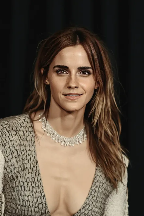 high quality  sexy photography of Emma Watson, long white blonde messi hair, happy, laughing, eyes open, perfect eyes, vintage style, highly detailed, very detailed skin texture,  (looking at viewer:1.4), full body,
  