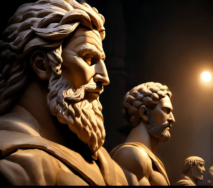  images of a hyper-realistic statue of Greek philosopher Marcus Aurelius, on a dark, cinematic background. The statue is intricately carved, showing off his muscular physicality and big beard, with a thoughtful expression. The background suggests ancient a...