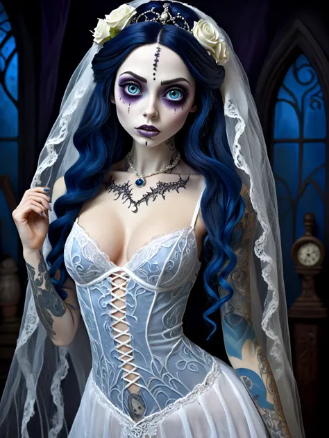 Create a hyper detailed photograph of a corpse bride tattooed young sexy Emily the Corpse Bride, Stunningly perfect gorgeous face, perfect makeup, detailed vibrant eyes, long hair, beautiful perfect, perfect beautiful perfect arms, realistic torso, Emily c...