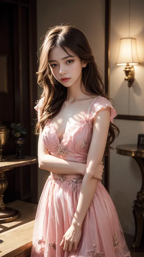 8K, UHD, MAsterpiece, best quality, 1 girl, (realistic face), very long hair, small breasts, decorated dress, very beautiful ornaments dress, pink color, lace, mesh dress, sardine, loops, ipllers, depth of field, light from the front, Light shines into the...