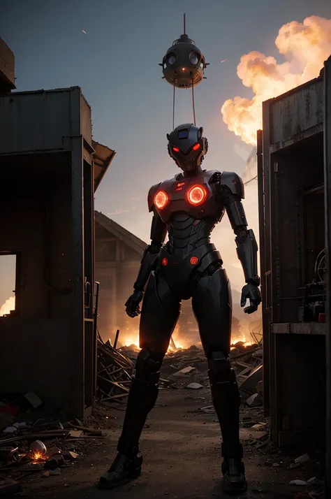 presents a menacing figure with a robotic look and glowing red eyes. The figure is located in an apocalyptic environment, with a reddish sky in the background. The robots structure is complex, with several visible mechanical parts, including a propeller or...