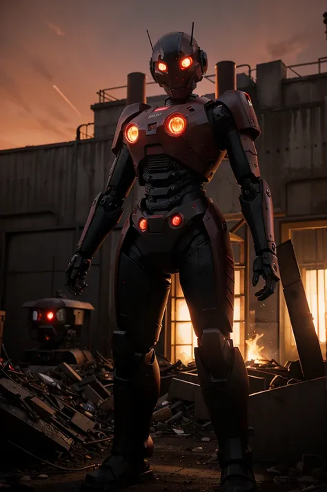 presents a menacing figure with a robotic look and glowing red eyes. The figure is located in an apocalyptic environment, with a reddish sky in the background. The robots structure is complex, with several visible mechanical parts, including a propeller or...