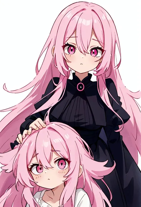 Pink hair, dark pink eyes, spot under the right eye, long hair, black clothes