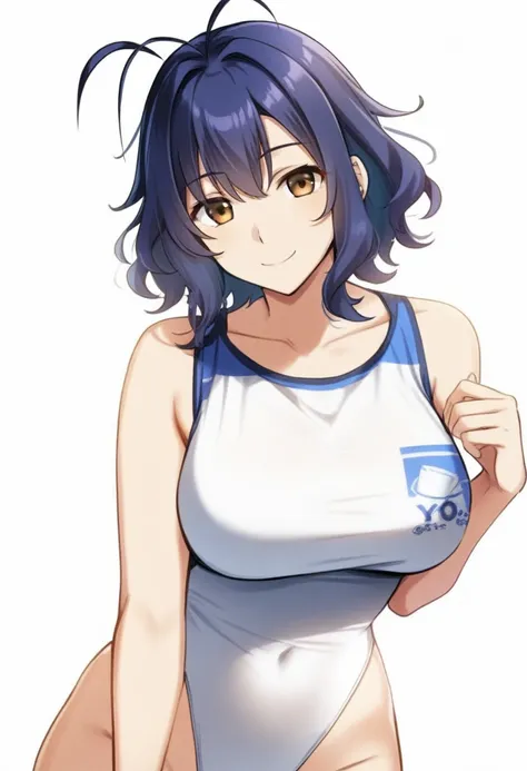 masterpiece, best quality, artist:yoo tenchi, 1girl, solo, toyokawa fuka, short hair, messy hair, wavy hair, dark blue hair, antenna hair, brown eyes, large breasts, highleg, smile, flirting, looking at viewer, no background, white background