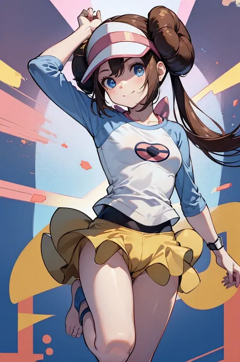 best quality, amazing quality, very aesthetic, absurdres,ro1, hair bun, blue eyes, twintails, visor cap,(bike shorts), (cameltoe),raglan sleeves,shirt,pink bow, wristWatch、Highest quality,smile、(flat chest:1.3)、barefoot、(full body:1.2)、grassland、blue sky