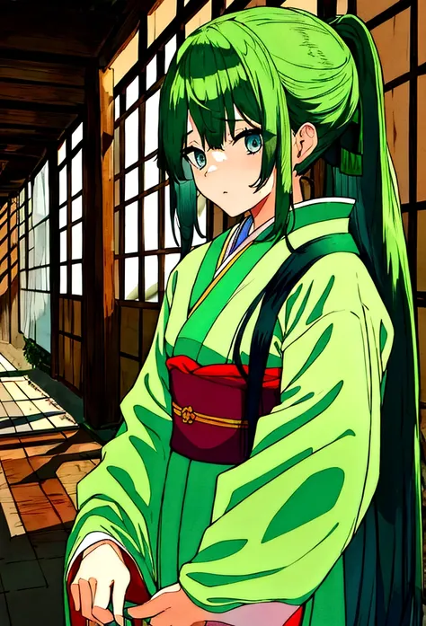 teenager girl, green hair, long hair, baby blue eyes, kimono, tied hair, with wet cloths