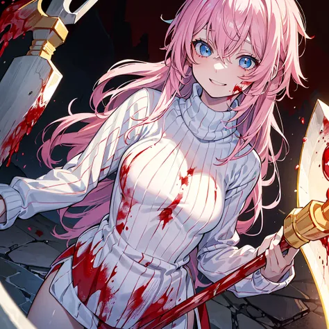 ((best qualityer)), ((work of art)), (detailded), 1 girl, ombro to ombro sweater, long light pink hair,light blue eyes, ((flat breasts)), psycho smile, holding an axe,((stained with blood)), ((Face covered in blood)),roupa stained with blood 