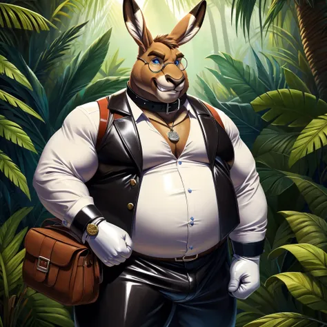 Solo, Male, fat, extremely obese, gentleman, dapper Professor Kangaroo, blue eyes, (posing:1.3), (soft shading), 4k, hi res, ((detailed face, detailed)), looking at viewer, evil grin, jungle, forest, collared shirt with buttons, top hat, male focus, Explor...