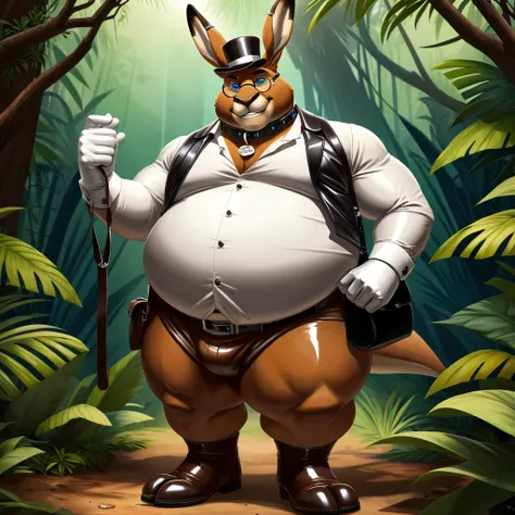 Solo, Male, fat, extremely obese, gentleman, dapper Professor Kangaroo, blue eyes, (posing:1.3), (soft shading), 4k, hi res, ((detailed face, detailed)), looking at viewer, evil grin, jungle, forest, collared shirt with buttons, top hat, male focus, Explor...