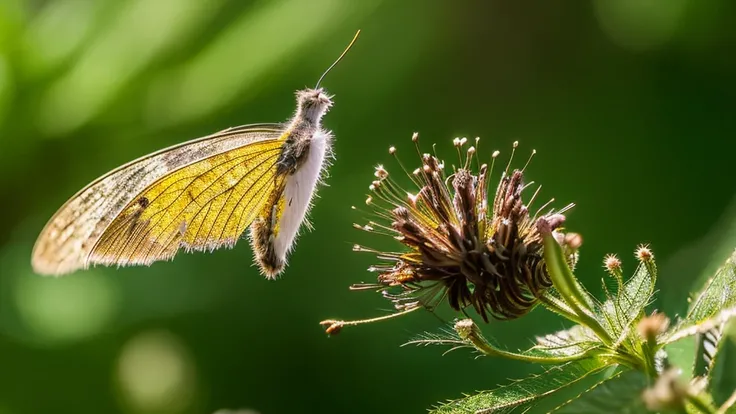 A stunning macro photograph that captures a tiny, disheveled kitten fairy, perched delicately on a fingertip, seemingly eager to take flight. The kitten fairy, adorned with large, bejeweled wings and intricate fur details, emanates an enchanting aura, poss...