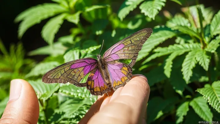 A stunning macro photograph that captures a tiny, disheveled kitten fairy, perched delicately on a fingertip, seemingly eager to take flight. The kitten fairy, adorned with large, bejeweled wings and intricate fur details, emanates an enchanting aura, poss...