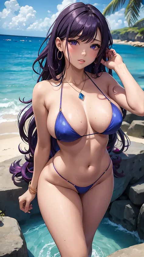 micro bikini, standing, full body, award - winning photo, (Looking at Viewer:1.2), masterpiece, top-quality, hi-Res, sexy face, young, purple eyes, cute face, sexy body, round breasts, perfect ass, long purple hair, knee_high hair, curly hair, doll face, s...