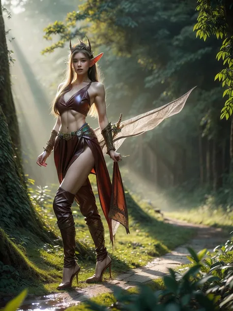 A captivating image of a woman dressed as a sultry elf warrior, standing tall amidst a mystical forest. Her outfit, a mix of leather and lace, highlights her athletic physique. The scene is bathed in the ethereal glow of twilight. (solo), (elf warrior cost...