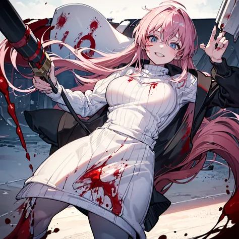 ((best qualityer)), ((work of art)), (detailded), 1 girl, ombro to ombro sweater, long black socks,long light pink hair,light blue eyes, ((flat breasts)), psycho smile,eyes wide,holding a big sledgehammer,((stained with blood)), ((Face covered in blood)),r...