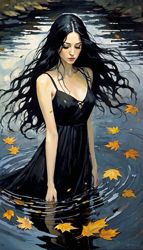 -girl, long black dress with straps, long black hair, eyes closed on the river, murky water, falling leaves, dark tone- (art inspired by Bill Sienkiewicz). oil painting)
