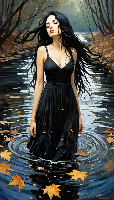 -girl, long black dress with straps, long black hair, eyes closed on the river, murky water, falling leaves, dark tone- (art inspired by Bill Sienkiewicz). oil painting)
