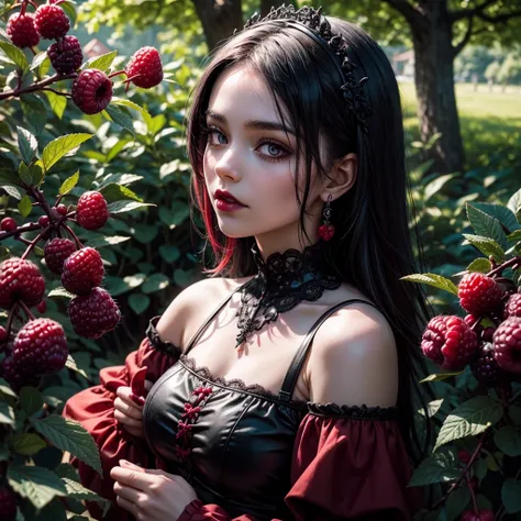 A gothic girl eating a (gothic ice cream in dark red and black, decorated with blueberries and raspberries), under a tree, contrasting sunny day,  outdoors.