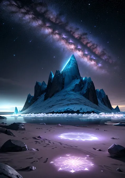 This is a surreal and elaborate CG rendering. At night, Pale blue sky, A glacier covering the beach, purple heart-shaped stones, Luminous Path, rose, Moon, Starlight, art, High resolution, Starry Sky, many tiny and colorful luminous particles, Illuminated ...