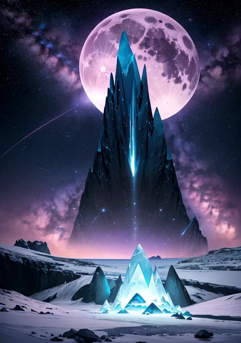 This is a surreal and elaborate CG rendering. At night, Pale blue sky, A glacier covering the beach, purple heart-shaped stones, Luminous Path, rose, Moon, Starlight, art, High resolution, Starry Sky, many tiny and colorful luminous particles, Illuminated ...