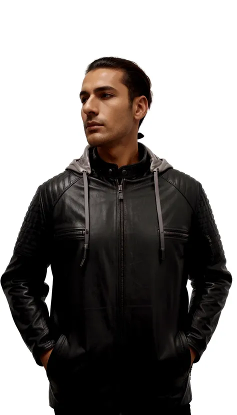 arafed man in a black leather jaqueta and a gray hoodie, leather jaquetas, black leather jaqueta, roupa de couro, black bomber jaqueta, a man wearing a black jaqueta, black jaqueta, ástor alexander, wearing a leather jaqueta, editado, jaqueta, pose de ombr...